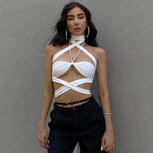 Load image into Gallery viewer, Pullover Halter Neck Hollow Crop Top Tie-up Casual Crop Navel Wrap Chest Tight Waist Top Summer White T-shirt
