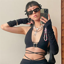 Load image into Gallery viewer, Ins Style V-neck Metal Open Back Crop Top Slim Fit Halterneck Vest With Sleeves Nightclub Party Sexy Lowcut Shirt
