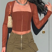Load image into Gallery viewer, Autumn Solid Color Cardigan Square Neck Shirts Hook Button Waist Mesh Long Sleeve Fashion Casual Top
