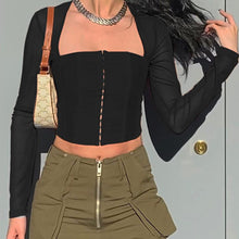 Load image into Gallery viewer, Autumn Solid Color Cardigan Square Neck Shirts Hook Button Waist Mesh Long Sleeve Fashion Casual Top
