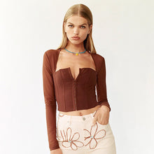 Load image into Gallery viewer, Autumn Solid Color Cardigan Square Neck Shirts Hook Button Waist Mesh Long Sleeve Fashion Casual Top
