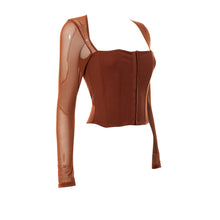 Load image into Gallery viewer, Autumn Solid Color Cardigan Square Neck Shirts Hook Button Waist Mesh Long Sleeve Fashion Casual Top
