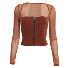 Load image into Gallery viewer, Autumn Solid Color Cardigan Square Neck Shirts Hook Button Waist Mesh Long Sleeve Fashion Casual Top
