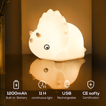 Load image into Gallery viewer, Cute Dinosaur Tap Night Light Silicone Animal Atmosphere Lamp Children Kids Holiday Gift Dimmable Sleeping Night Lamp 5V USB Charging
