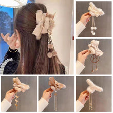 Load image into Gallery viewer, Korean Fashion Plush Bow Grab Clip Elegant Metal Hair Clip for Women Chic Fringe Hair Clamps Exquisite Pendant Hairpin Hair Accessories
