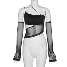 Load image into Gallery viewer, Ins Style Sexy Slim Cropped Navel Hollow Mesh Vest Off Shoulder Cutout Mesh Tank Tops With Sleeves Women's Clothing
