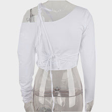 Load image into Gallery viewer, Fashion Sloping Shoulder Fake Two-piece Stitching Long-sleeved T-shirt Lace-up Solid Color Top Women
