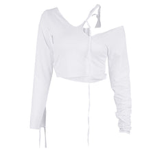 Load image into Gallery viewer, Fashion Sloping Shoulder Fake Two-piece Stitching Long-sleeved T-shirt Lace-up Solid Color Top Women
