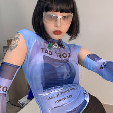 Load image into Gallery viewer, Y2K Futuristic Slim Fit Functionality Retro Letter Print T-shirt Mesh Slimming Top Sexy Long-sleeved Tight Tops
