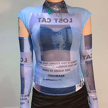 Load image into Gallery viewer, Y2K Futuristic Slim Fit Functionality Retro Letter Print T-shirt Mesh Slimming Top Sexy Long-sleeved Tight Tops
