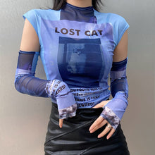 Load image into Gallery viewer, Y2K Futuristic Slim Fit Functionality Retro Letter Print T-shirt Mesh Slimming Top Sexy Long-sleeved Tight Tops
