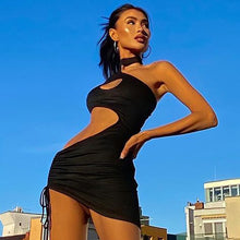 Load image into Gallery viewer, Street Style Fashion Sexy Large Area Cutout Cropped Navel Smocked Halterneck Sleeveless Solid Color Women Dress

