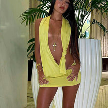 Load image into Gallery viewer, Casual Fashion Solid Color Cutout Open Back Halter Neck Knot Short Dress Loose Sexy Hollow Women Summer Dress
