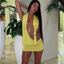 Load image into Gallery viewer, Casual Fashion Solid Color Cutout Open Back Halter Neck Knot Short Dress Loose Sexy Hollow Women Summer Dress

