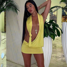 Load image into Gallery viewer, Casual Fashion Solid Color Cutout Open Back Halter Neck Knot Short Dress Loose Sexy Hollow Women Summer Dress
