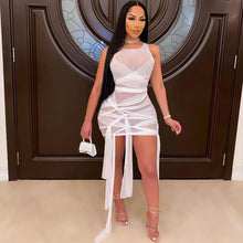Load image into Gallery viewer, Ins Style Sexy Summer Mesh See-through Lace-up Round Neck Exposed Backpack Women Voile Slim Sheath Dress
