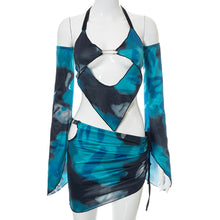 Load image into Gallery viewer, Y2K Cool Print Fashion Sling Halter Top Shirt With Sleeves + Dropped Waist Skirt Women's Short Wrap Skirt Two Piece Suit
