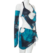 Load image into Gallery viewer, Y2K Cool Print Fashion Sling Halter Top Shirt With Sleeves + Dropped Waist Skirt Women's Short Wrap Skirt Two Piece Suit
