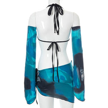 Load image into Gallery viewer, Y2K Cool Print Fashion Sling Halter Top Shirt With Sleeves + Dropped Waist Skirt Women's Short Wrap Skirt Two Piece Suit
