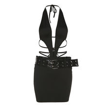 Load image into Gallery viewer, Sexy Street Style Hollow Lace Up Halterneck Low Waist Skirt With Belt Cutout Open Back Slim Fit Solid Color Women One Piece Dress
