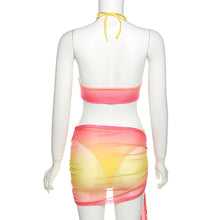 Load image into Gallery viewer, Gradient Fashion Women Dress Two Piece Halterneck Cutout Sexy Lace-up Crop Top Exposed Open Back Mesh Low Waist Wrap Skirt Suit
