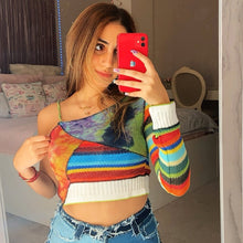 Load image into Gallery viewer, Asymmetric Matching Lace-up Single Sleeve Neckline Slim Multicolor Striped Vest Top Round Neck Women Knitted T-shirt Tops
