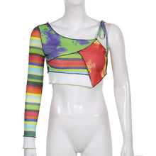 Load image into Gallery viewer, Asymmetric Matching Lace-up Single Sleeve Neckline Slim Multicolor Striped Vest Top Round Neck Women Knitted T-shirt Tops
