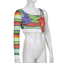 Load image into Gallery viewer, Asymmetric Matching Lace-up Single Sleeve Neckline Slim Multicolor Striped Vest Top Round Neck Women Knitted T-shirt Tops
