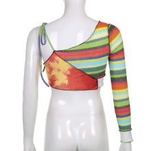 Load image into Gallery viewer, Asymmetric Matching Lace-up Single Sleeve Neckline Slim Multicolor Striped Vest Top Round Neck Women Knitted T-shirt Tops
