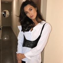 Load image into Gallery viewer, PU Leather Adjustable Slim Fit Button Buckle Sling Women's Top Low Cut Short Sleeve T-shirt Waistband Vest
