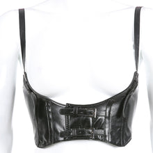 Load image into Gallery viewer, PU Leather Adjustable Slim Fit Button Buckle Sling Women's Top Low Cut Short Sleeve T-shirt Waistband Vest
