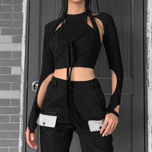Load image into Gallery viewer, Cool Summer Women Camisole Vest Black Round Neck Long-sleeved Personality Hollow Fake Two-piece Slim T-shirt
