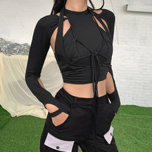 Load image into Gallery viewer, Cool Summer Women Camisole Vest Black Round Neck Long-sleeved Personality Hollow Fake Two-piece Slim T-shirt
