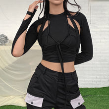 Load image into Gallery viewer, Cool Summer Women Camisole Vest Black Round Neck Long-sleeved Personality Hollow Fake Two-piece Slim T-shirt
