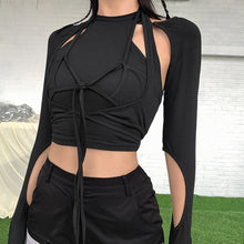 Load image into Gallery viewer, Cool Summer Women Camisole Vest Black Round Neck Long-sleeved Personality Hollow Fake Two-piece Slim T-shirt
