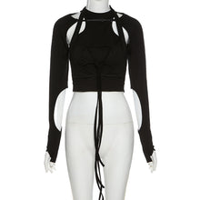 Load image into Gallery viewer, Cool Summer Women Camisole Vest Black Round Neck Long-sleeved Personality Hollow Fake Two-piece Slim T-shirt
