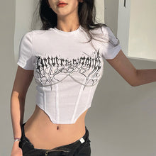 Load image into Gallery viewer, Sexy Slim Fit Cropped Navel Fashion Crew Neck Printed Short Sleeve Tops Women Print With Chain Knitted T-shirt
