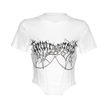 Load image into Gallery viewer, Sexy Slim Fit Cropped Navel Fashion Crew Neck Printed Short Sleeve Tops Women Print With Chain Knitted T-shirt
