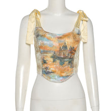 Load image into Gallery viewer, Women Bow-knot Camisole Lace-up Off Shoulder Retro Design T-shirt Cropped Navel Slim-fit Print Short Vest

