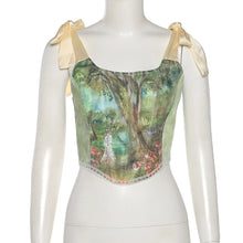 Load image into Gallery viewer, Women Bow-knot Camisole Lace-up Off Shoulder Retro Design T-shirt Cropped Navel Slim-fit Print Short Vest
