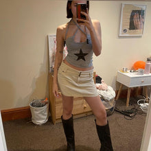 Load image into Gallery viewer, Smocked Halterneck Open Back Summer All-match Slim Fit Vest Grey Pentagram Print Fashion No Sleeve T-shirt
