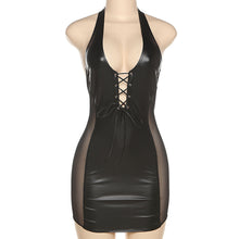 Load image into Gallery viewer, Autumn Halterneck Slim Wrap Short Dress V-neck Open Back Mesh See Through Pu Stitching Sexy One Piece Dress
