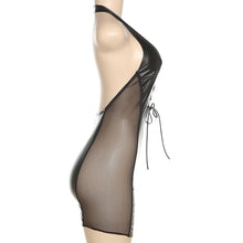 Load image into Gallery viewer, Autumn Halterneck Slim Wrap Short Dress V-neck Open Back Mesh See Through Pu Stitching Sexy One Piece Dress
