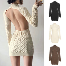 Load image into Gallery viewer, Fashion Woolen Knitted Dress for Autumn Winter Long-sleeved Round Turtleneck Open Back Slim Women Sexy Dress
