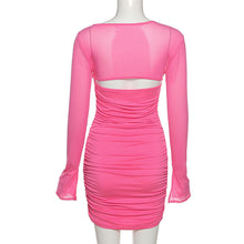 Load image into Gallery viewer, Long-sleeve Lowcut Wrap Tube Top Dress Slim Fit Mesh Pleated Hollow Solid Color Sexy Short Sheath Dress
