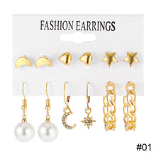 Load image into Gallery viewer, Fashion Creative Pearl Chain Earring Set Heart Moon Pentagram Stud Earrings Jewelry Accessories for Women
