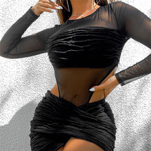 Load image into Gallery viewer, Sexy Mesh Pleated Bodysuit See-through Hip Skirt Set Black Waist Hollow Skirt Suit For Nightclub Party Dating
