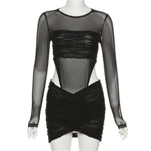 Load image into Gallery viewer, Sexy Mesh Pleated Bodysuit See-through Hip Skirt Set Black Waist Hollow Skirt Suit For Nightclub Party Dating
