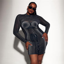 Load image into Gallery viewer, Fashion 3D Line Print Striped Slim Fit Dress Long Sleeve Summer Mesh Perspective Nightclub Sexy Slim Hip Dress
