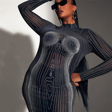 Load image into Gallery viewer, Fashion 3D Line Print Striped Slim Fit Dress Long Sleeve Summer Mesh Perspective Nightclub Sexy Slim Hip Dress
